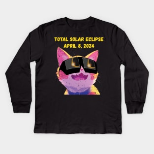 Total Solar Eclipse 2024 Grunge Cat Kids Long Sleeve T-Shirt